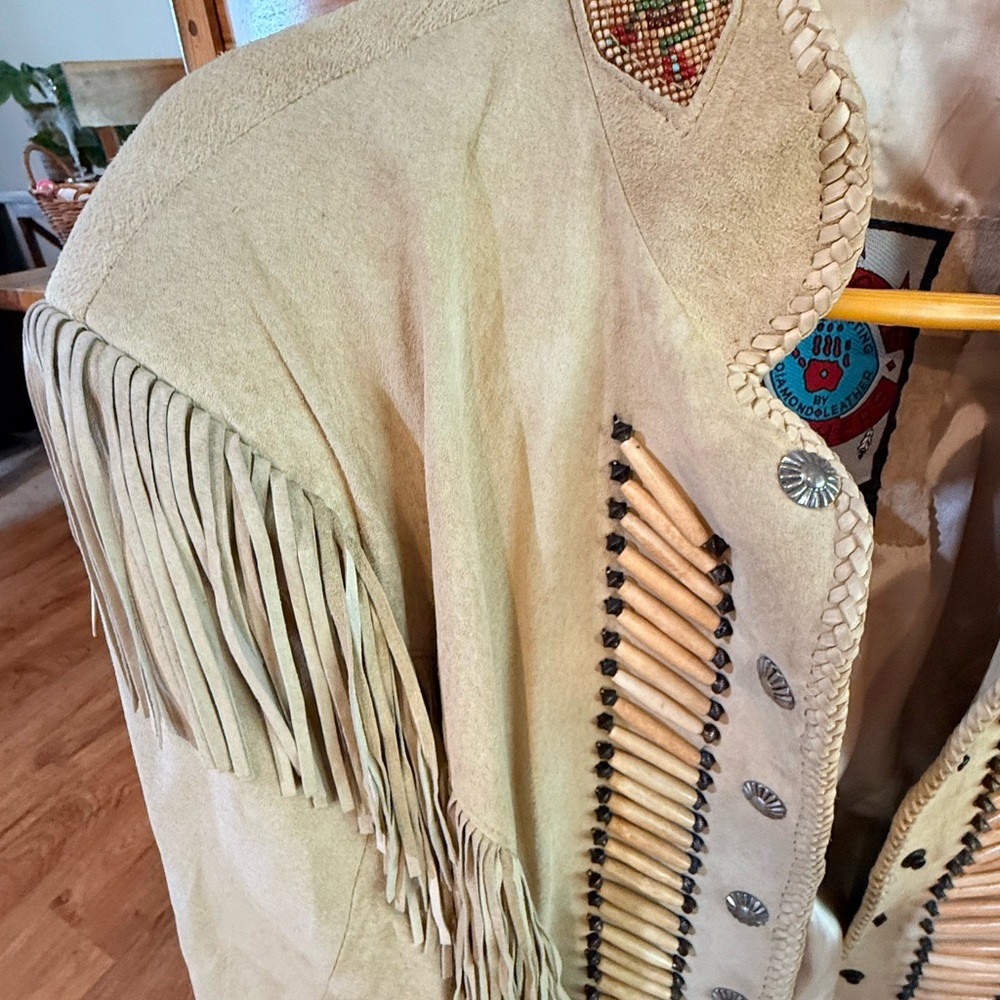 Beige Fringed Leather Jacket - Picture 2 of 9
